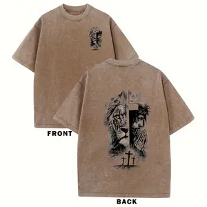 "Half Lion & Jesus Pray With Cross Double Sided Print" Washed Tee Christian Faith Religious Aesthetic Top for Believers Vintage Oversized Casual Tshirt