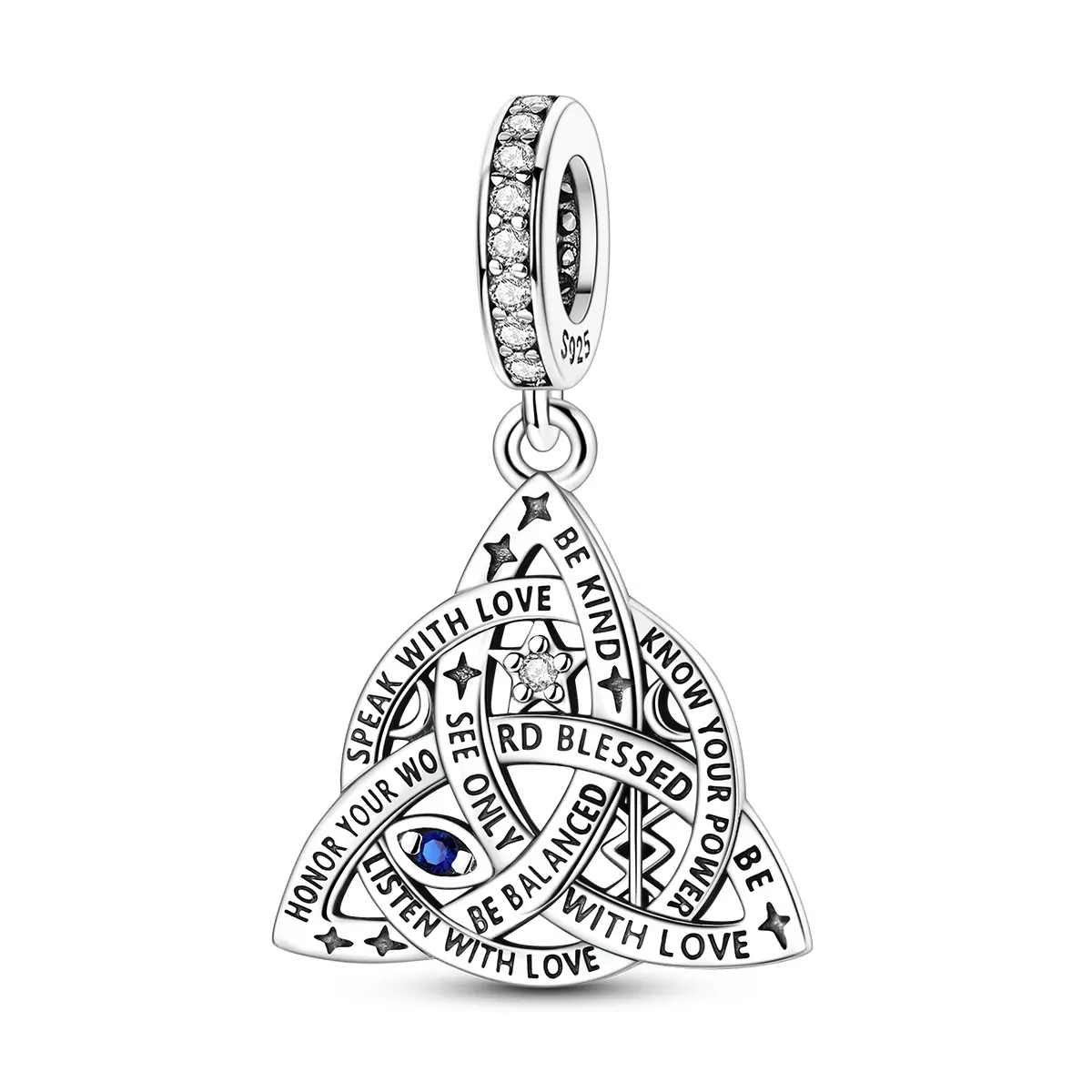 MULA Women's Silver-Plated Triquetra Knot Charms & Pendants - Cubic Zirconia Bail, "Speak with Love" Mantra, Comprehensive Shield Amulet, 4.5mm Hole Blue Evil Eye, Sparkling Star Casual Spiritual Charm (Bracelet-Compatible), Mantras, Triple Protection Amu