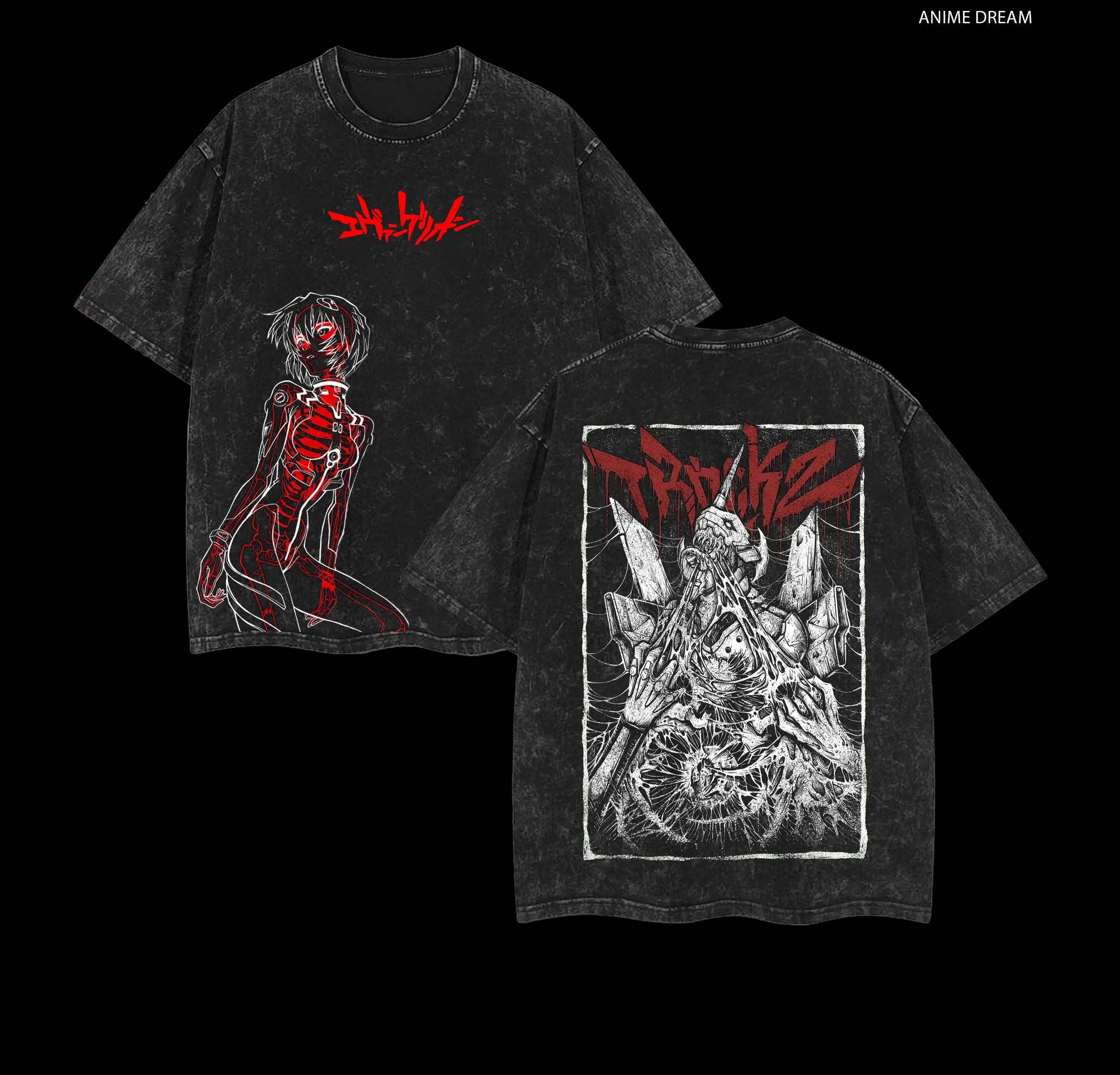Ayanami Rei Neon Genesis Evangelion Anime Double Printed Vintage Washed Tee Unisex Oversize Heavyweight Cotton T-shirt for Anime Fans and Lovers