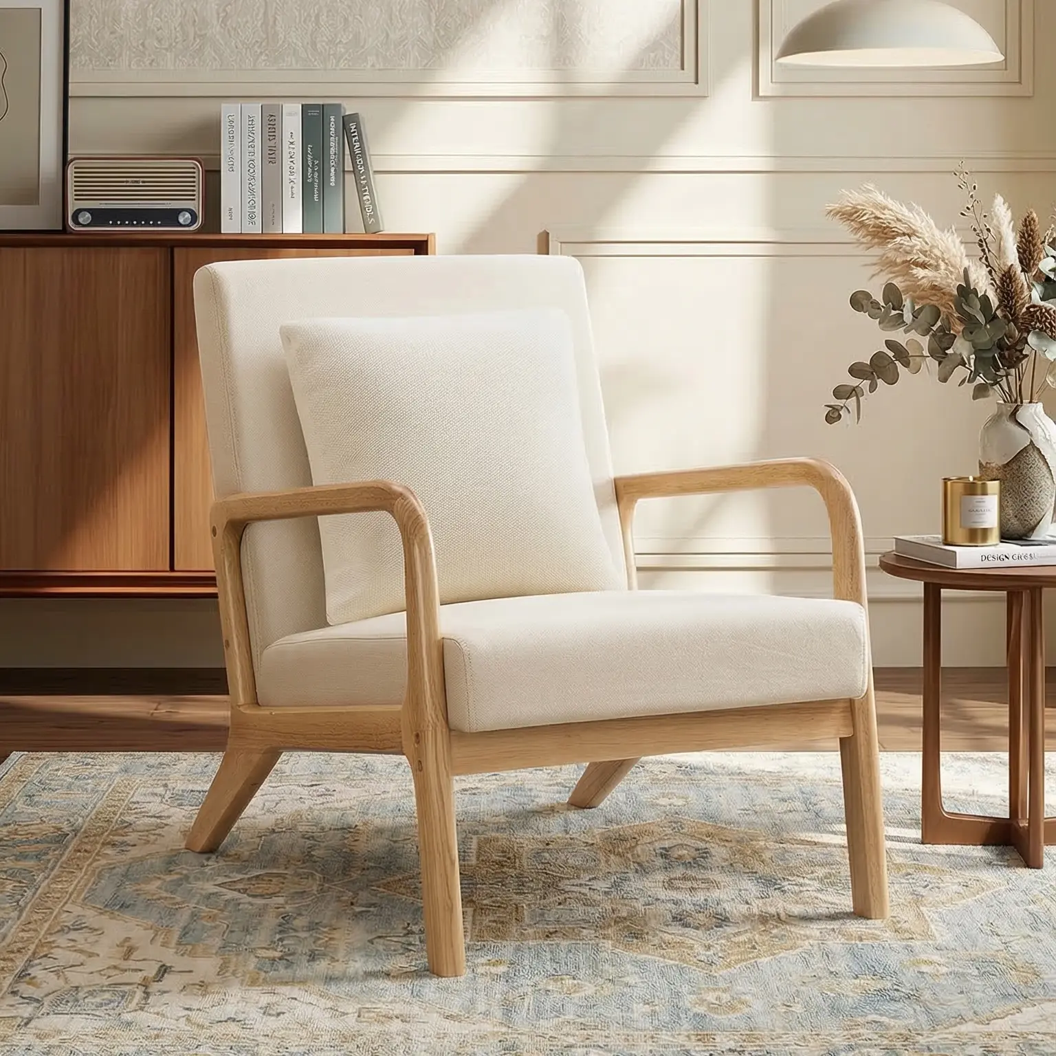 ABCASA Comfy Extra Wide Upholstered Accent Chair - Modern Minimalist Chairs with Minimalist Frame, 105° Recline Angle, Lumbar Support, Solid Wood Legs, Linen/Faux Leather Upholstery for Living Room, Small Spaces