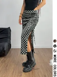 Valentine's Day Women's Plaid Drawstring Waist Skirt, Casual Sporty Split Design, Slim Fit Half-Length Skirt for Daily Wear & Outdoor Activities