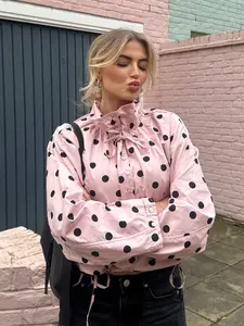 Women's Spring Fall Fashion Polka Dot Print Jacket, Stand Collar Long Sleeve Bow Tie Design, Loose Fit Pocket Outerwear