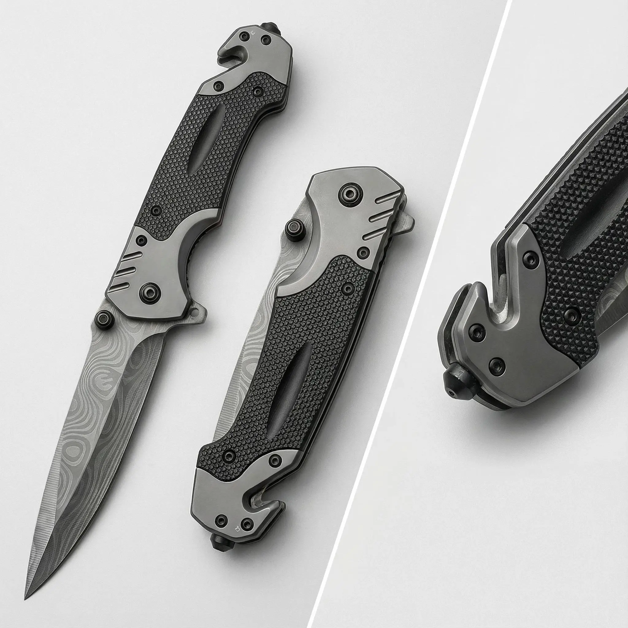 [Free Maintenance Kit Included] Damascus-Pattern Folding EDC Multi-Tool Knife — Features a glass breaker and seatbelt cutter; ideal for men; suitable for camping/tactical use, Father's Day gifts, collectibles, and birthday presents., Gifts For Him, Mens G