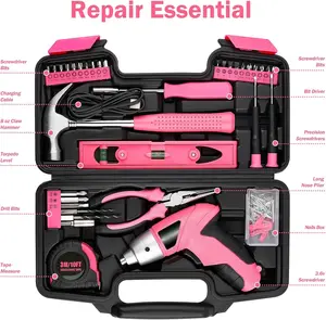 9V Rechargeable Cordless Screwdriver, Pink Tool Set, Includes Mini Drill, 112-Piece Household Tool Set, Women's Hand Tool Set