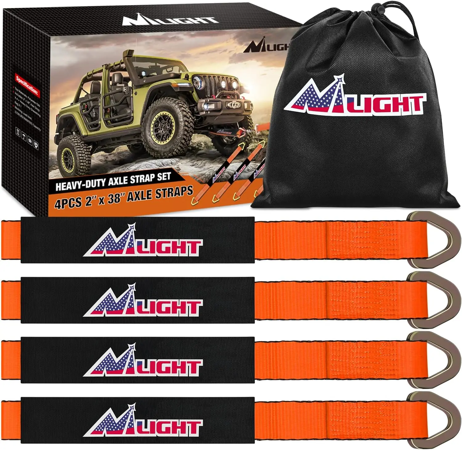 Nilight 4PCS 2"x38" Axle Tie Down Straps for Truck Transport, with Protective Pads, Steel D-Rings, 11127lbs Lab-Tested Break Strength, Tension Rope, Drawstring Bag Included