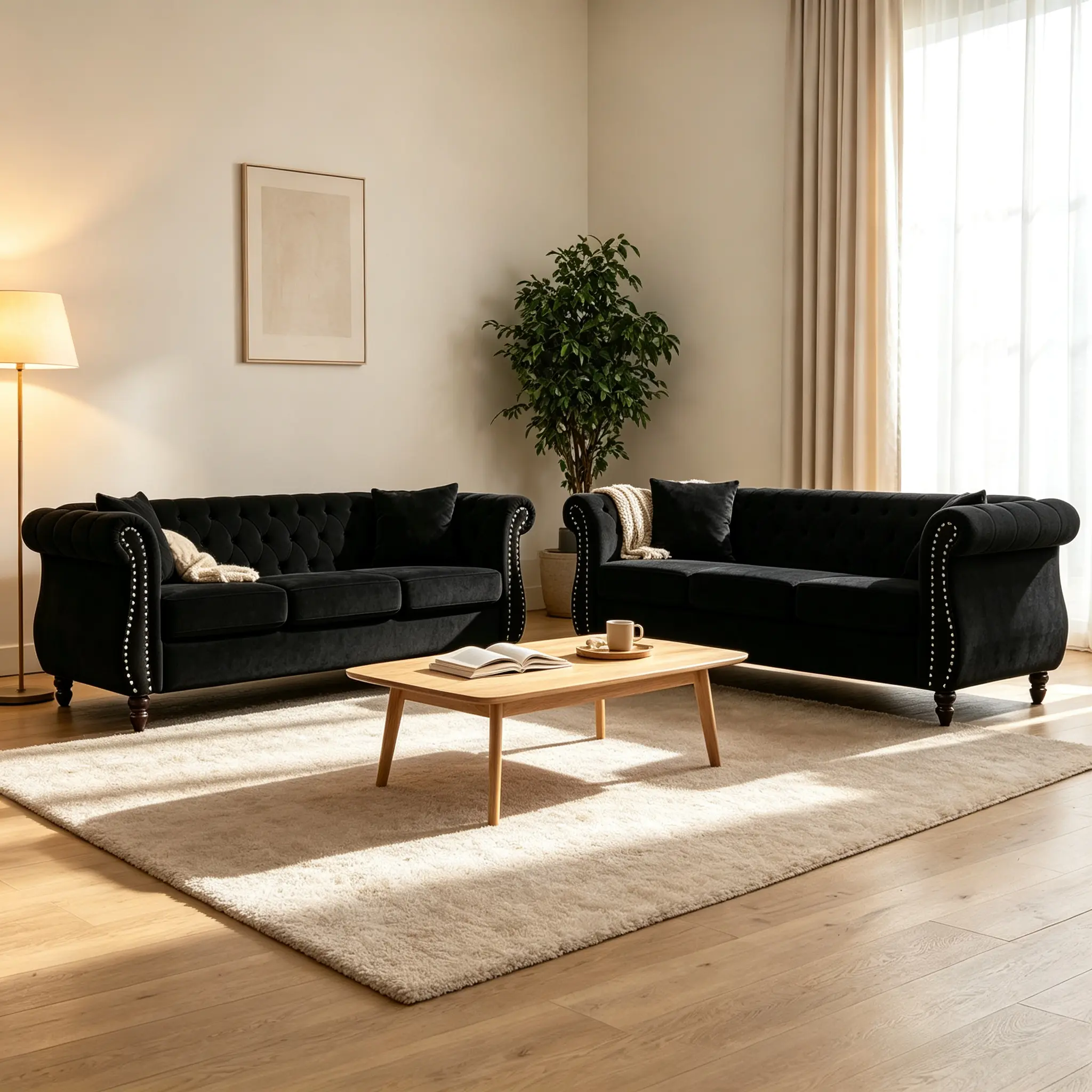 2 or 3-Seater Black Velvet Chesterfield Sofa - Tufted Couch with Rolled Arms, Nailhead Trim for Living Room, Bedroom