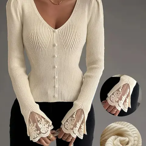 Elegant V Neck Pullover Sweater, Women's Long Sleeve Knitwear Top with Button Front Design, Soft Comfortable Knitting Fabric for Casual & Formal Wear