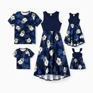 PatPat Family Matching Floral Print Cotton Top Short-sleeve Shirt or Splicing Sleeveless Tank Dress Spingtok