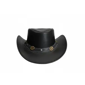 Equine Care Black Cow Leather Cowboy Hat for Men & Women Handcrafted Western Style Shapeable 2.7″ Brim Concho Band Genuine Leather Unisex Design