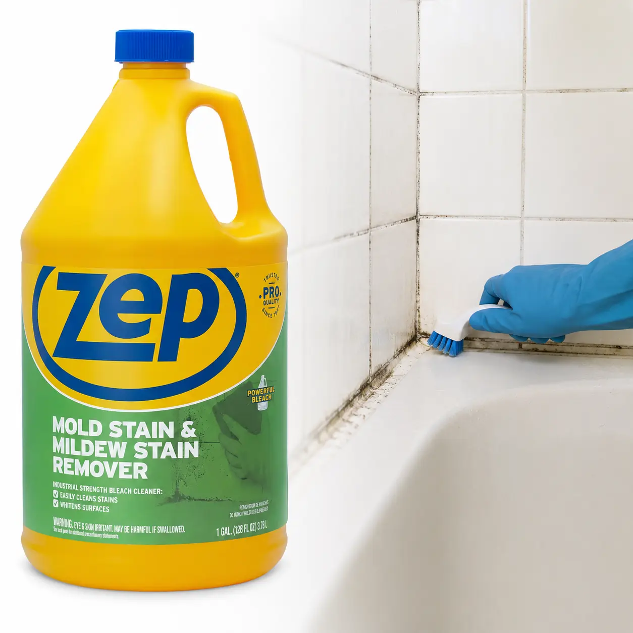 ZEP 1 Gal. Mold Stain and Mildew Stain Remover, Bleach Cleaner for Bathroom Tiles, Grout, and Tubs, Quickly Dissolves and Whitens Stains, Professional Strength Formula, Ready to Use Spray and Wipe Cleaner.