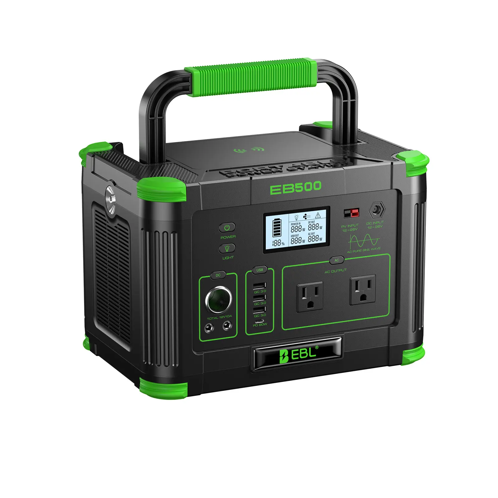 EBL 500W Portable Power Station 518Wh Fast Recharging Solar Generator with Pure Sine Wave AC Outlet Silent Forest Green Battery Backup for Home Emergency CPAP Camping and Van Life (Solar Panel Optional)