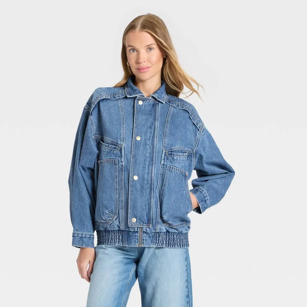 Universal Thread Women's Relaxed Denim Bomber Jacket - Midweight Cotton Blend with Adjustable Hem & 4 Pockets