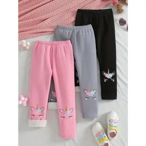 3pcs Girls' Cozy Fleece-Lined Pants with Cute Unicorn Prints - Soft Plush Winter Wear in Yellow, Red & Black, Machine Washable, Polyester Blend, Perfect Youngsters' Comfort, Clothes Girls, Perfect Outdoor