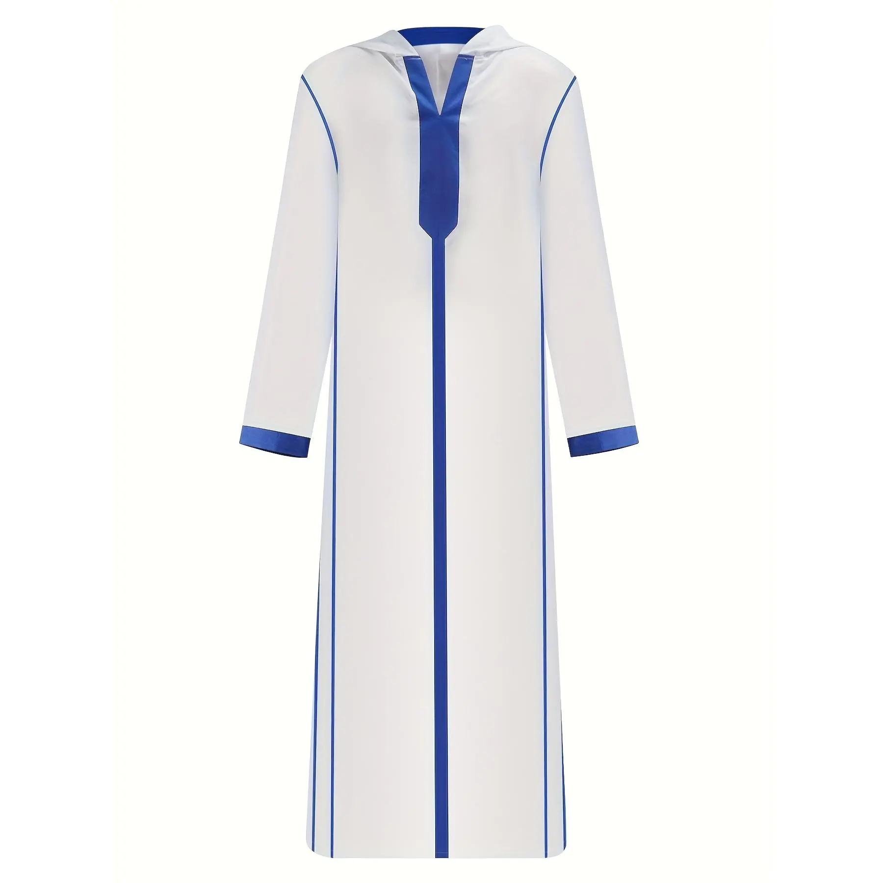 Elegant White Men'S Long Hooded Kaftan Dress with Blue Accents - Casual Non-Stretch Fabric, Regular Fit, Perfect for Everyday Wear, Muslim Fashion | Traditional Moroccan Style | Decorative Stol