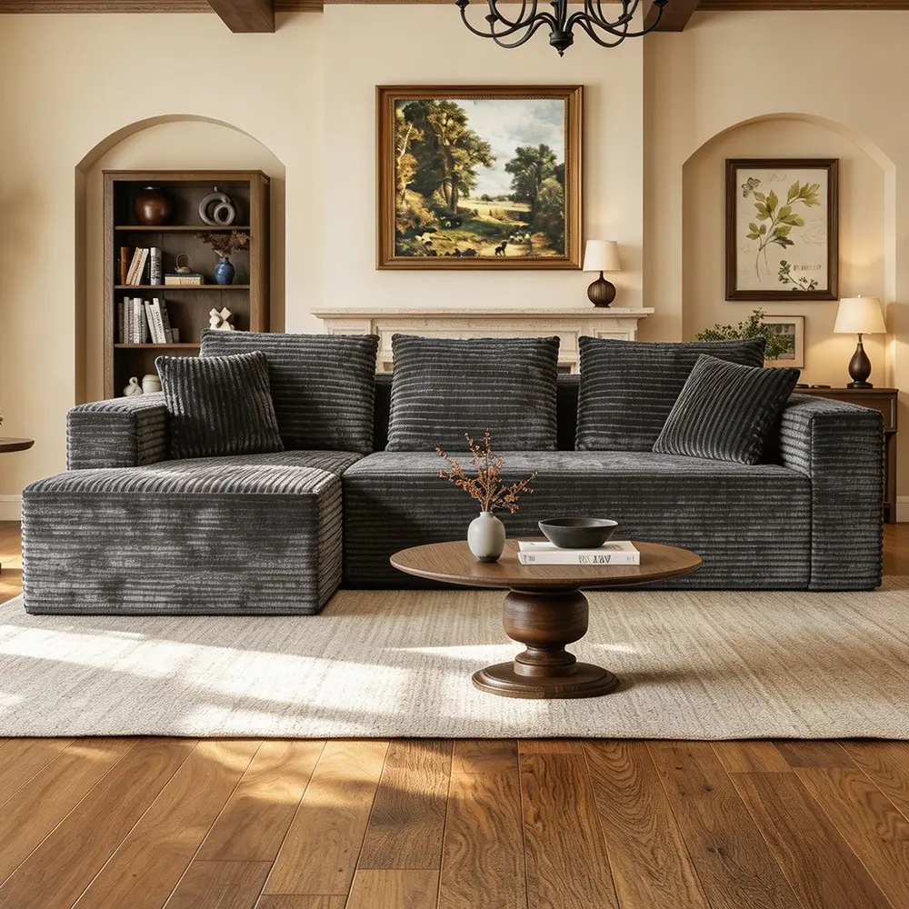 108” Modular Sectional Couch, L-Shape Cloud Sectional Couch with Chaise/Deep Seat/Armrest/Plush Corduroy Fabric, No Assembly Required, Space-Saving, Boneless Compression Couches for Living Room, Modern Convertible Sofa