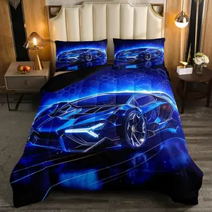 Sports Car Designer Comforter Set,Blue Race Car Comforter for Room Decor,Extreme Sports Theme Luxury Bedding Set,Cool Speed Luxury Car Decor Quilt Set