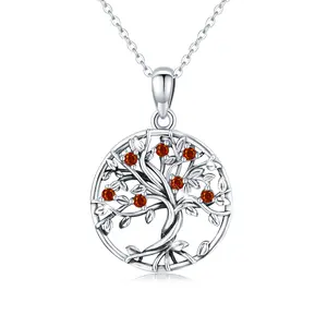 Tree of Life Necklace 925 Sterling Silver Birthstone Pendant Tree of Life Necklace for women January Birthstone Necklace Family Tree Pendant Tree of Life Jewelry Christmas Gift for Mother Birthday