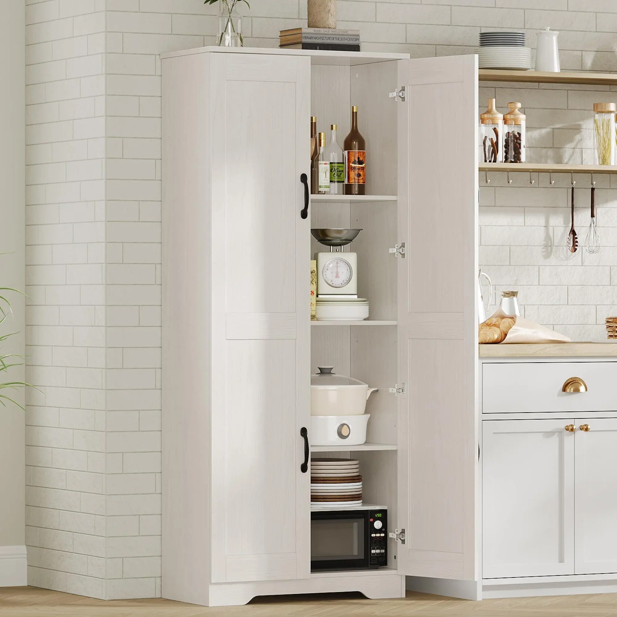Tall Pantry Cabinet, 60" Kitchen Pantry Storage Cabinet with 2 Doors and Adjustable Shelves, Freestanding Kitchen Cabinet, Cupboard for Dining Room, Bathroom, Living Room, Antique White
