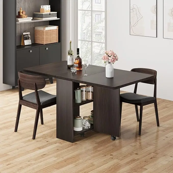 Space Saving Folding Dining Table with 2 Tier Storage-Extendable Drop Leaf Farmhouse Wood Kitchen Dining Room Tables Set for 4, Collapsible Expandable Rectangle Dinner Kitchen Office Furniture