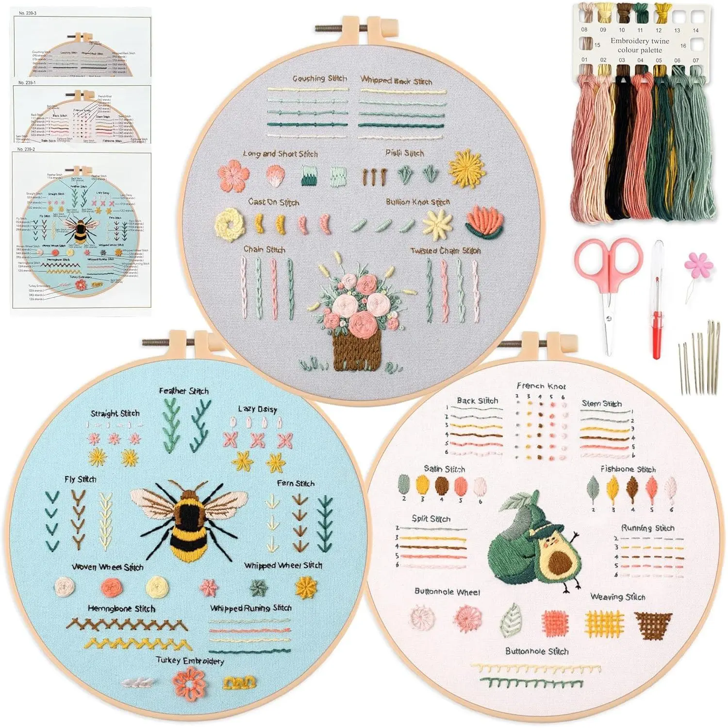 3 Embroidery kit for Beginners, Beginner Embroidery Kit for Adults. Starter Kits to Learn 28 Different Stitches, Including Fabric with Prints, Threads, , Hoop and Video tutorials...