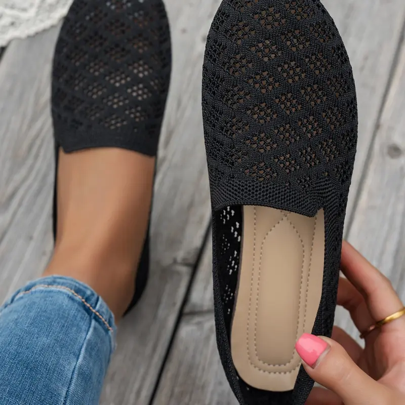 New Knit Fabric Round Toe Flat Shoes, Slip On Flats, Breathable Mesh Design, Rubber Soft Sole, Comfortable for All Seasons, Casual Dress Shoes, Walking Shoes