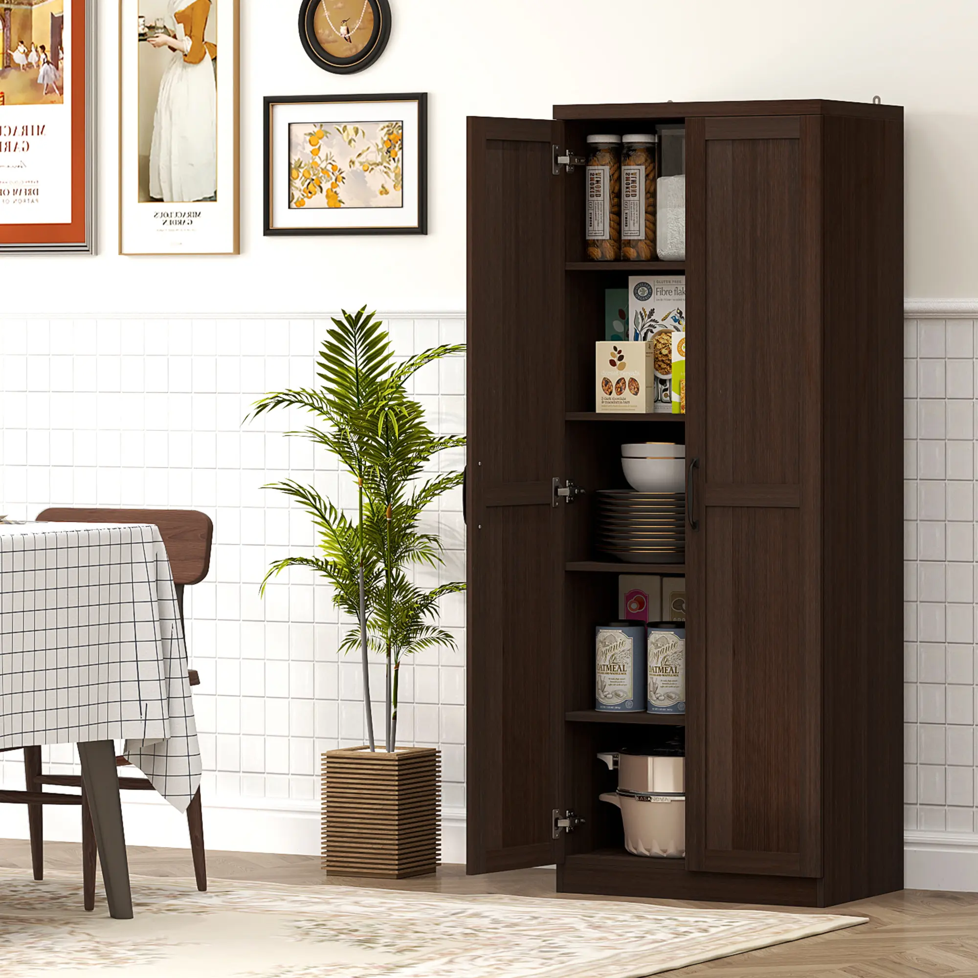 63 Inch 2 Door Kitchen Pantry Freestanding Cabinet Cinnamon Cherry Wood Grain with 2 Adjustable Shelves for Dining Room Living Room Kitchen Food Storage