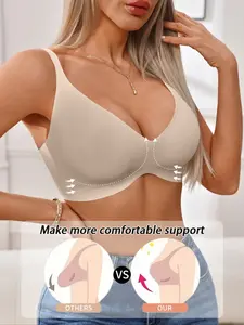 Women's Wireless Lightweight Full Coverage Plunge T-Shirt Bra, No Underwire, Removable Pads, Buckle, High Soft Strapless-Fit, Low-Cut Seamless Bralette