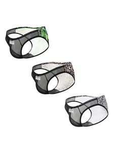 3pcs Mixed Colors Transparent Sexy Leopard Print Mesh Men's Briefs, Sporty Breathable Ultra-Thin Underwear, All Seasons Fitted Briefs
