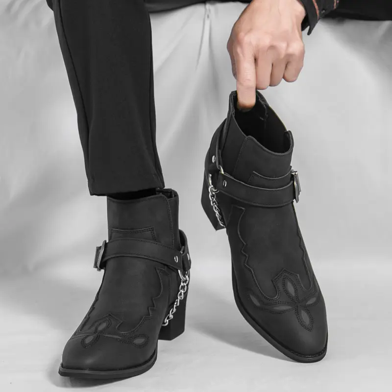 Mens Western Cowboy Boots Matte Black Pointed Toe Ankle Boots Silver Metal Chain Harness Western Buckle Detail Goth Cowboy Aesthetic Trendy Streetwear Cuban Heel Chelsea Boots Festival Outfits Edgy Statement Footwear Alternative Style