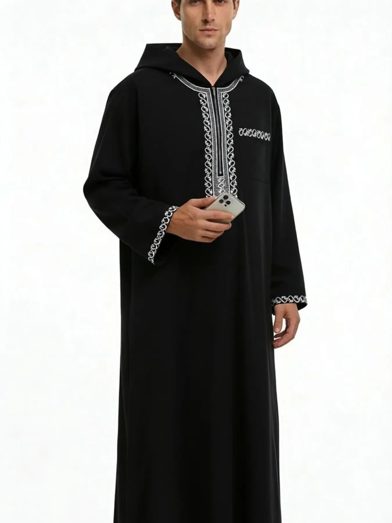 Muslim Traditional Boy Hooded Djellaba, Modest Baggy Embroidery Long Sleeve Zipper, Side Pockets, Comfortable Fashion, Daily Wear, Party, Special Occasions
