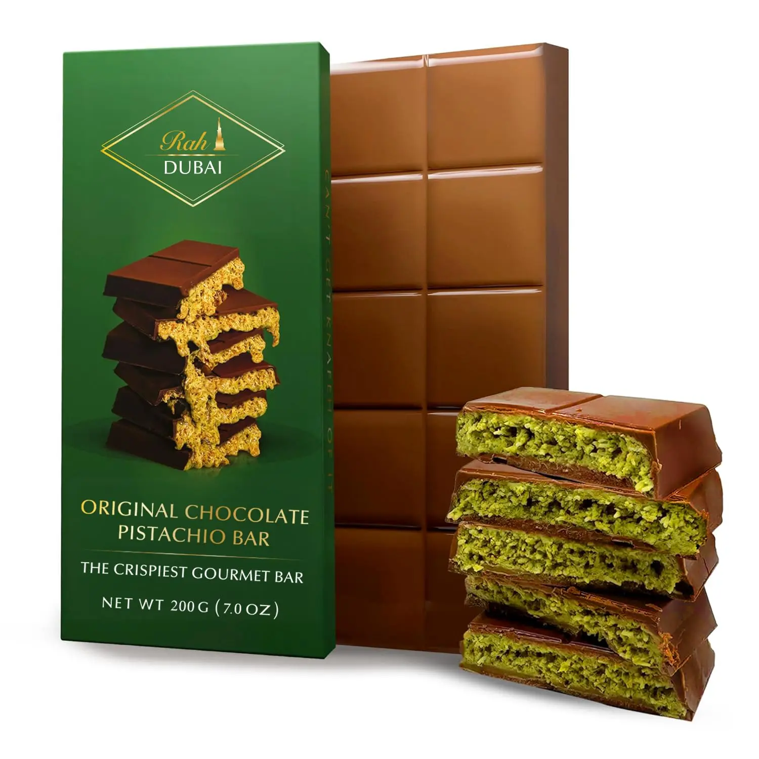 Rah Dubai Chocolate Bar with Pistachio Cream & Crispy Kataifi, Crunchy Knafeh Style Milk Chocolate, Shredded Phyllo Dessert Bar, 7oz (200g), Great for Sharing