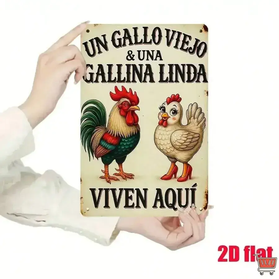 Vintage Spanish Rooster & Hen Metal Wall Art Sign - Farmhouse Kitchen Decoration with Spanish Text, Rustic Country Tin Plaque for Home, Cafe - Easy Hanging Gift for Family