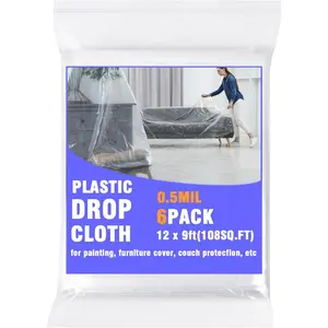 12x9 ft Plastic Drop Cloths, 3-Pack Disposable Painter's Sheeting for Floor, Furniture, Painting, & Renovation Protection (6 Pack)