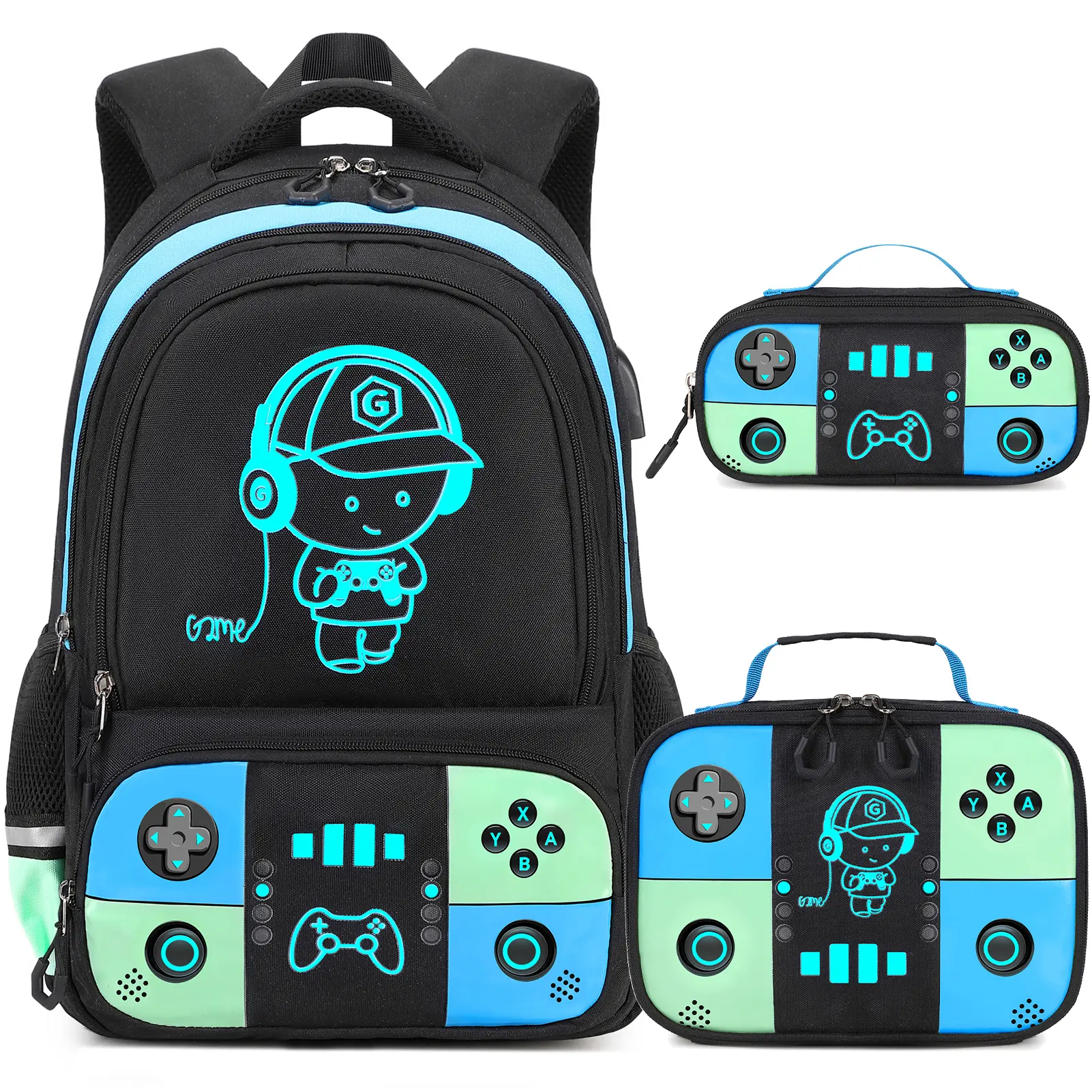SIMILOVE Kids' 4-Piece Blue Astronaut School Backpack Set, Cool Glow-in-Dark Waterproof Nylon Bag with USB Charging Port, 6-Compartment Bento Lunch Box, Pencil Case, Cool Gifts for Kids for Elementary Boys (Back to School/Birthday)