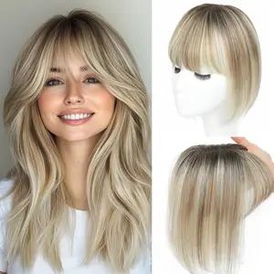 Glueless 360° Full Coverage Real Human Hair Topper with Bangs 3x4.5 Swiss Base 10Inch Ombre Light Brown Blond Highlight for Thinning Hair Women#HairLossSolution Blonde Wigs Blonde Straight Wig