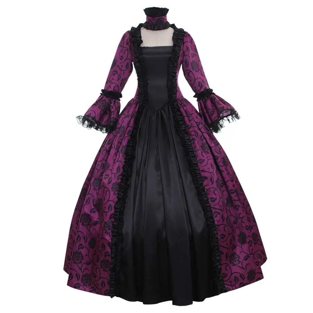 Women's Fitted Polyester Medieval Gothic Victorian Vintage Renaissance Lolita Formal Gown - Long Sleeve Bell Sleeves, Purple Floor-Length Lace Handmade Elegant Clothes for Renaissance Fairs, Special Occasions, 3XL with Accessories
