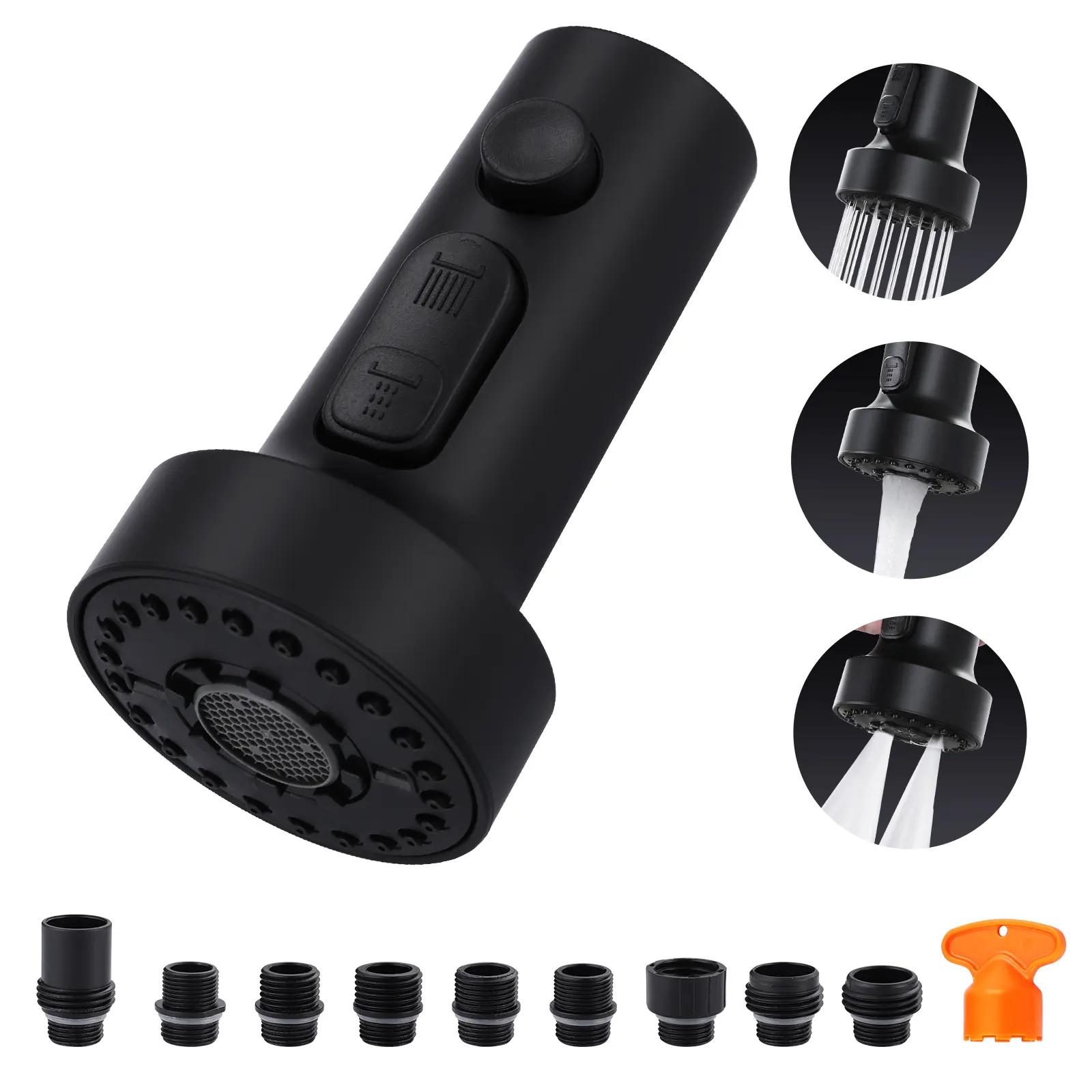 WOWOW Pull Down Faucet Head Replacement: 3-Function Kitchen Faucet Sprayer Head Replacement with 9 Adapters - Matte Black Sink Faucet Head