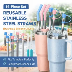 6 Straws with Cover for Stanley Tumbler – Reusable Stainless Steel Straws with Silicone Stoppers, 12 Inch 3 Straight and 3 Bent Straws Fit Stanley 40 oz Accessories for Cup Lid