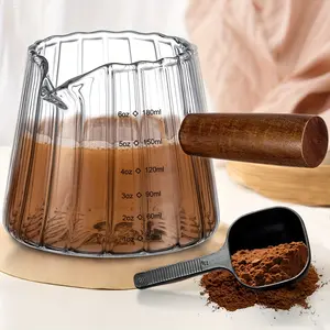 180ml/6oz Glass Milk Measuring Cup with Wood Handle & Coffee Spoon, Borosilicate Glass Triple Pitcher with Scale & Spout, Heat Resistant Single Spouts Milk Frother Measuring Cup, Espresso Measuring Cup for Coffee Milk Tea Syrup, Coffee Bar Accessories
