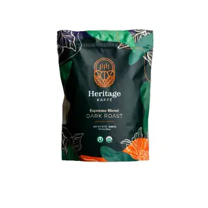 Heritage Kaffé, Whole Bean Coffee, Espresso Dark Roast, Peru & Brazil Robusta Beans, GMO FREE - USDA Organic, Kosher, 12oz Beverage Chocolate Caramel