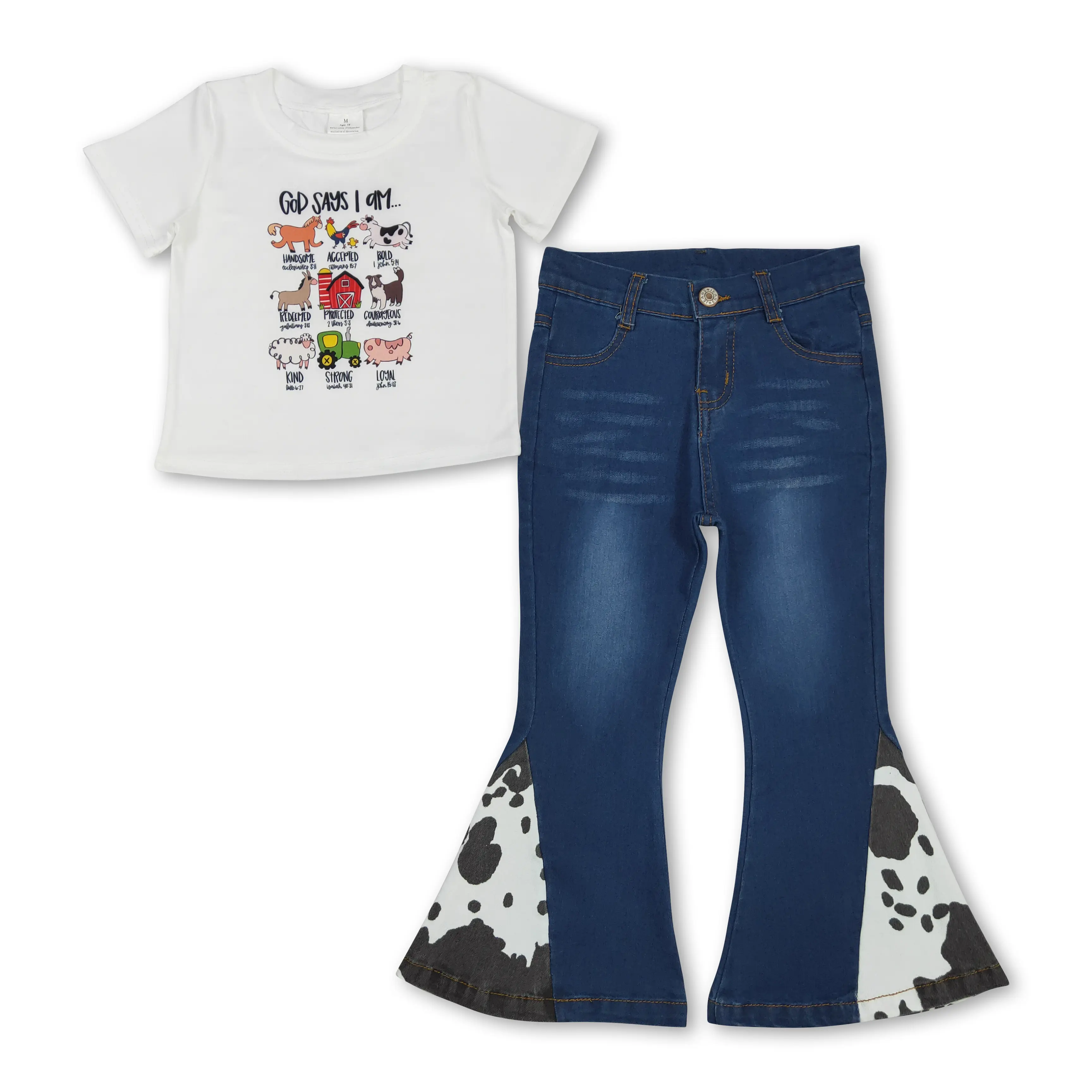 Toddler Girls' 2-Piece Casual Outfit Set with 'God Says' Graphic Tee and Farm Animal Print Bell Bottom Pants, Casual Set