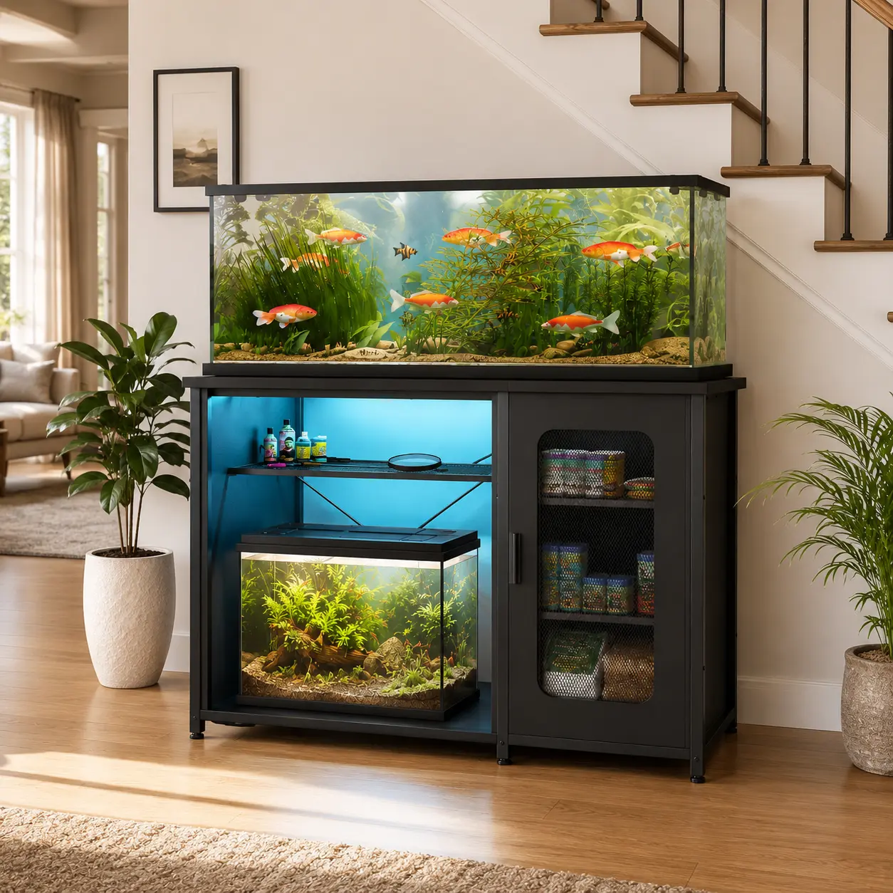 Homieasy 55-75 Gallon Aquarium Stand with Power Outlets & LED Light, Reversible Fish Tank Stand with Cabinet for Fish Tank Accessories Storage, Heavy Duty Metal Frame, 880LBS Capacity