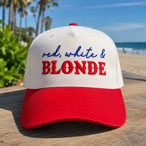Red, White & Blonde Embroidered Trucker Hat Casual brunette hat Baseball Cap Panel Trucker Hat Simple Hat Cap 4th Of July, Independence Day trucker hat patriotic usa