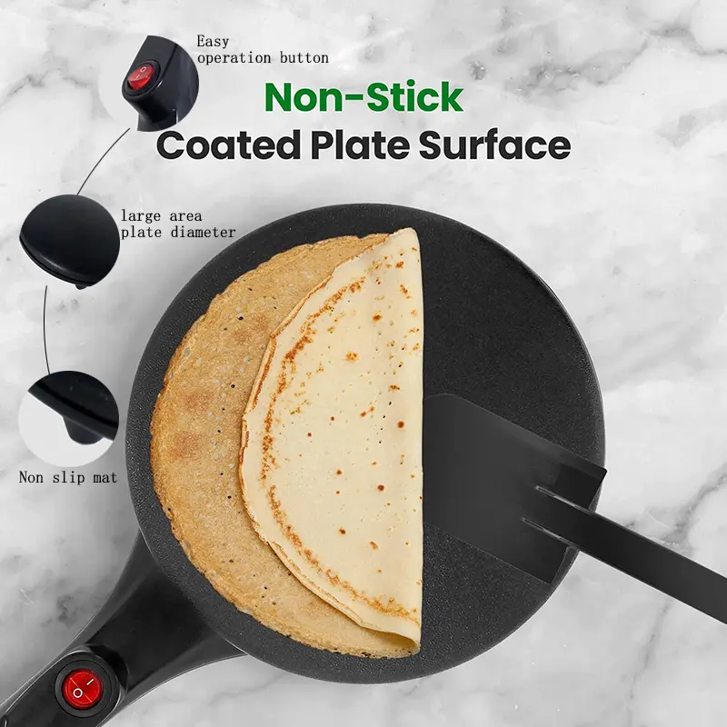 Non-Stick Electric Crepe Pancake Maker Frying Pan - Multi-Use Home Baking Machine with Large Area, Heat Control Button, for Breakfast, Pizza, Tortillas - Convenient and Fast Home Supply