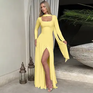 Women's Fashion Sexy Pure Color Split Long Sleeve Dress