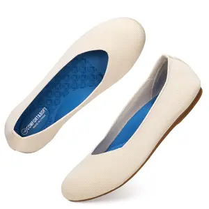 Flatgios Women's Ballet Flats Knitted Round Toe Flat Women's Walking Shoes Comfortable Casual Shoes Cream-11