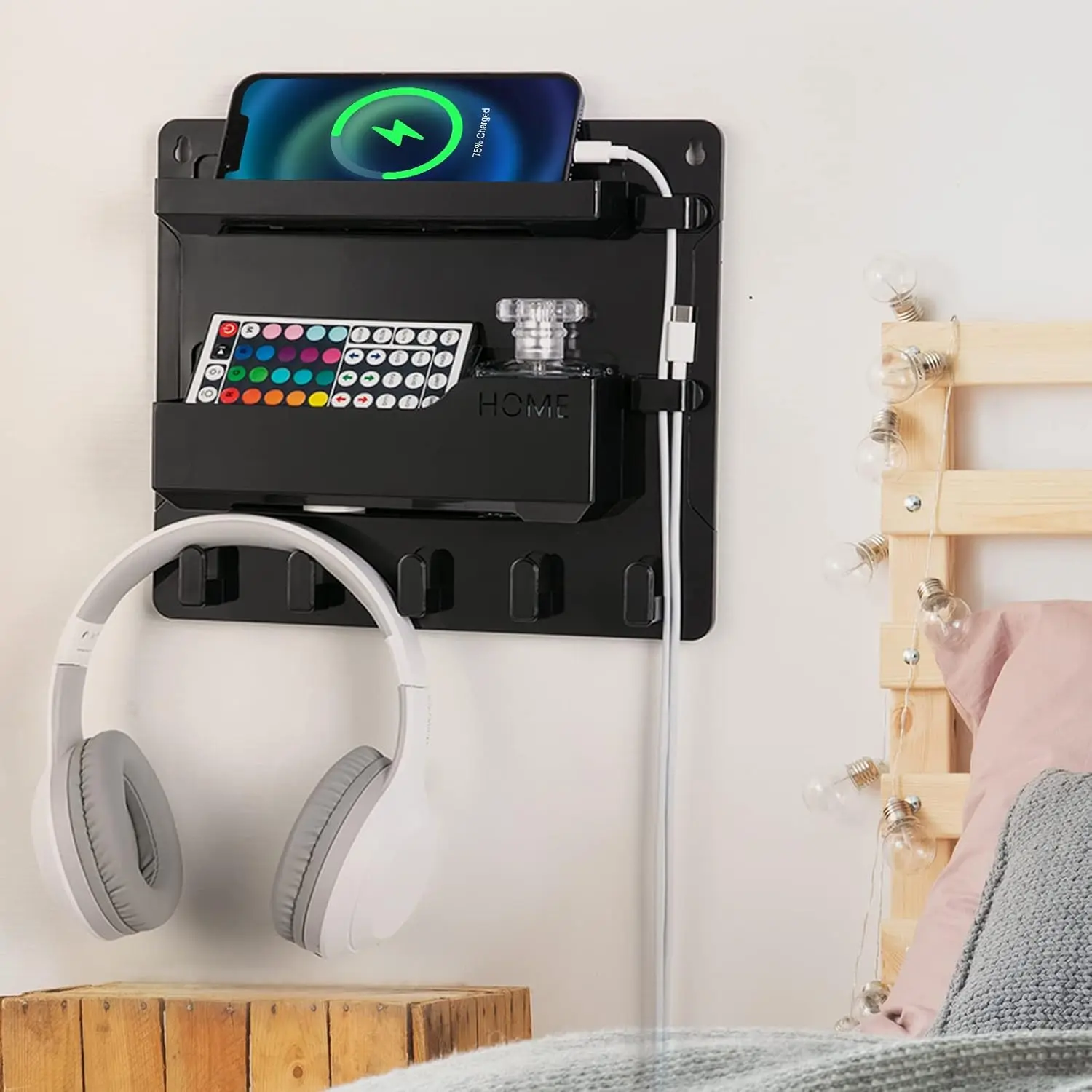 Bedside Wall Mount Shelf, Adhesive Bedside Organizer for RemotePhoneGlasses. Bedside Accessories Storage suitable for College Dorm bunk bed  BedroomRvBlack