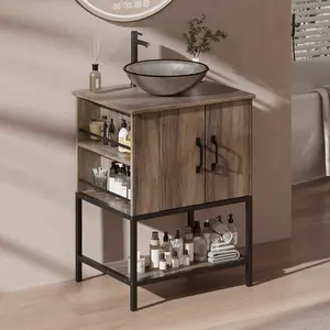 VNN Small Bathroom Vanity with Sink - 24 Inch Vanity with Sink, Freestanding Cabinet with Open Shelf, Modern Iron Wood Bathroom Cabinet with Countertop Tempered Glass Vessel, Grey