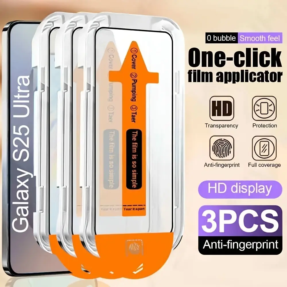 3pcs Ultra HD Tempered Glass For Samsung Galaxy S25 Ultra/S24 Ultra/S25/S24/S23/S22/S21/S23+/S22+/S21+, Mobile Phone Accessories, 9H+ Screen Protector, Fingerprint Unlocking, One-click Dust free Installation, Anti-Scratch, Full Coverage