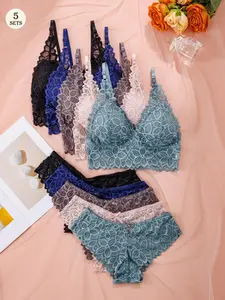 Women's Floral Lace Adjustable Strap Push Up Bra & Panty Set, Casual Comfy Breathable Bra & Knicker Set, Lingerie Set for Women, Bra Sets